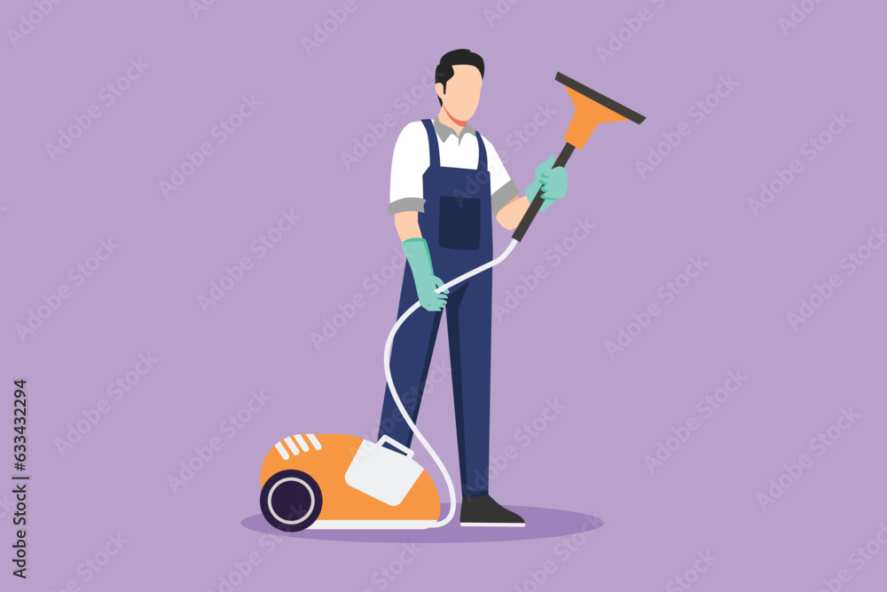 Graphic flat design drawing young man works at home, do cleaning in jumpsuit. Active male with vacuum cleaner. Household home appliances. Disinfection and cleaning. Cartoon style vector illustration