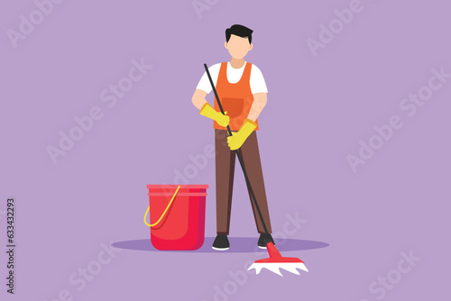 Character flat drawing cleaning company staff to work with the equipment. Attractive young man with buckets and mops. Domestic cleaner worker and cleaners equipment. Cartoon design vector illustration