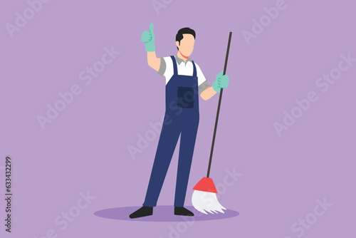 Character flat drawing of smiling male cleaning company staff member holding broom and showing thumbs up gesture. Happy cleaning activity day. Cleaning company logo. Cartoon design vector illustration