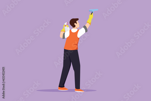 Cartoon flat style drawing back view man janitors cleaners cleaning windows with cleaning tools. City view skyscrapers. Employee of cleaning company working process. Graphic design vector illustration