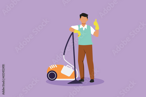 Character flat drawing worker of cleaning service. Man dressed uniform with vacuum cleaner and thumbs up pose. Washing, cleaning service. Disinfection and cleaning. Cartoon design vector illustration