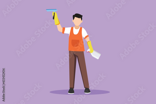 Character flat drawing active smiling cleaning staff member is wiping window with brush and spray. Concept of man cleaning windows from dust in different premises. Cartoon design vector illustration