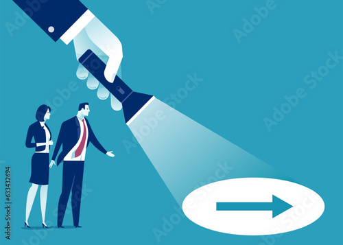 Uncovering The Direction. A hand holding a flashlight revealing hidden arrow sign. Business vector illustration