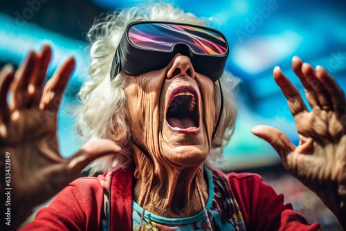Grandmother with VR goggles. Virtual reality.