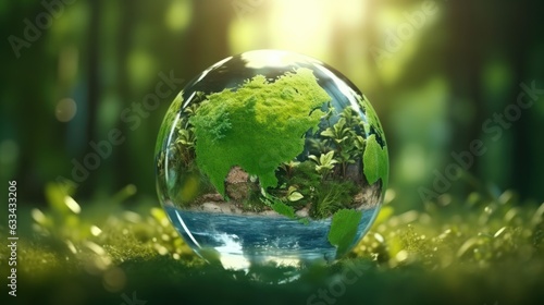 Transparent crystal sphere with continents outlines in a green forest. Grass, trees and water are reflected in the glass globe. Protection of water resources concept. Environmental care. 3D rendering.