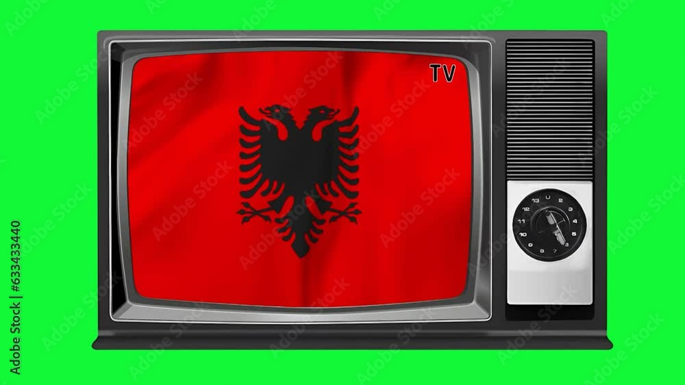 Waving flag of Albania on the screen of an old TV set, isolated in chroma key background. 3d animation in 4k resolution video. Waving flag of Albania on the screen of an old TV set, isolated in chroma key background. 3d animation in 4k resolution video.