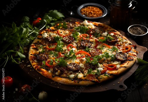 Flatbread pizza garnished with fresh arugula on wooden pizza board, top view. Dark stone background