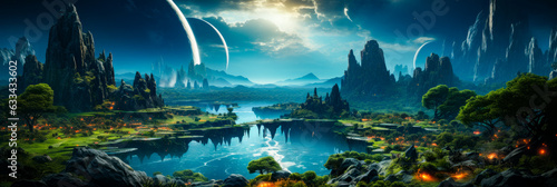 Image of fantasy landscape with mountains and body of water.