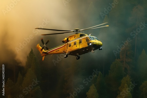 Rescue helicopter extinguishes a forest fire by dropping a large amount of water on a burning coniferous forest. Saving forests, fighting forest fires. Aerial side view. 3D rendering.