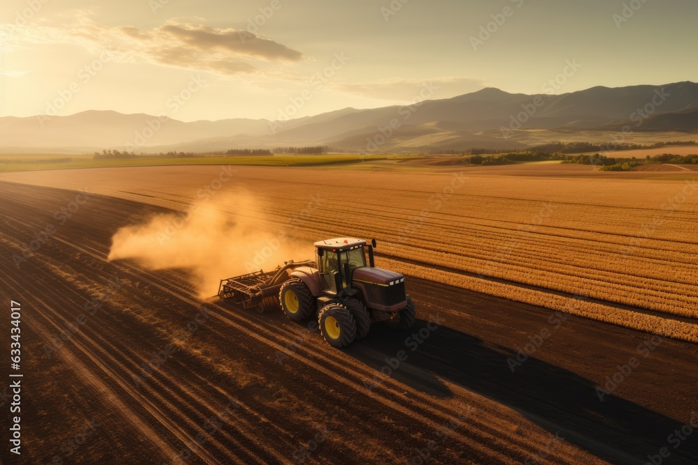 Aerial view of a Tractor fertilizing a cultivated agricultural field. Aerial view of a Tractor fertilizing a cultivated agricultural field.