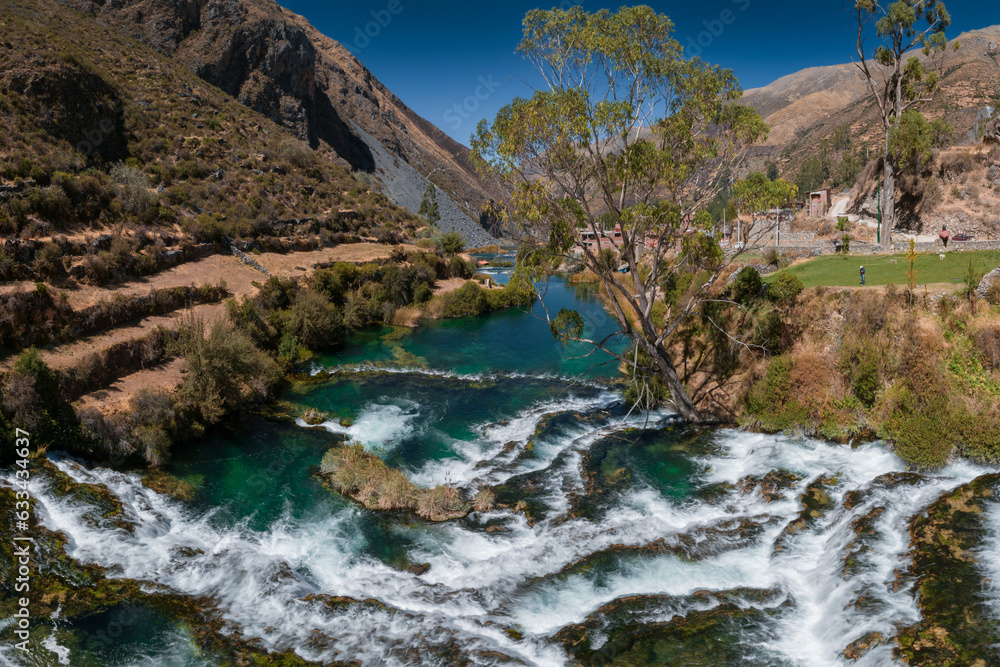 Panoramic view of the river and water falls in Huancaya, Yauyos, Peru