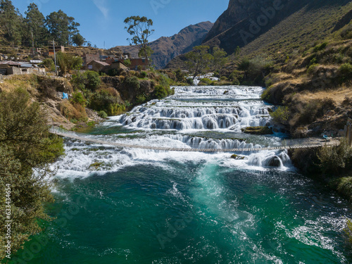 Panoramic view of the river and water falls in Huancaya, Yauyos, Peru photo