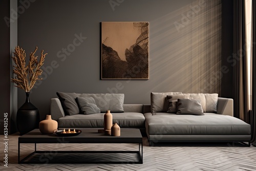 The living room is decorated in shades of gray and black, giving it a blank and empty appearance. The interior design is in a minimalist style, with a graphite sofa and a herringbone beige accent