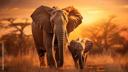 a grown-up elephant with her baby child in its natural habitat, golden hour photo