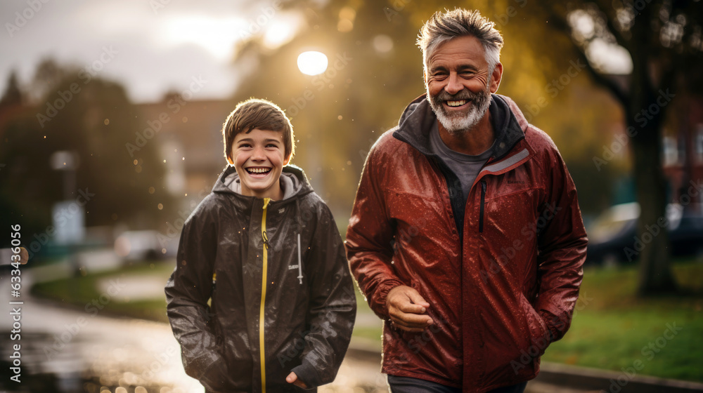 father and son having fun in park. jogging in rainy day background. father and son having fun in park. jogging in rainy day background.