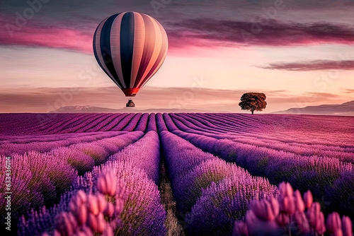 A hot air balloon flying over a lavender fiel. Generative AI 