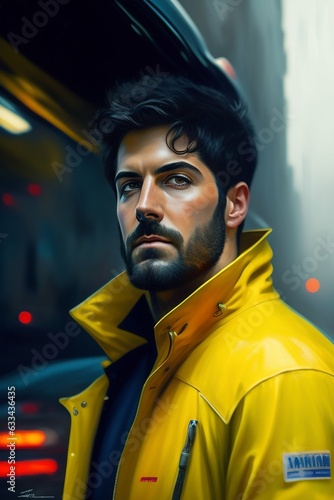 Oil painting, impressionist brush strokes of jim sturgess in the shadows, he is ina distance, cyberpunk, sci-fi, dirty, dressing in a working-class yellow jumpsuit, the atmosphere is blue and dark blu photo