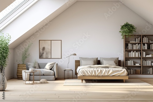 The interior of a spacious and welllit attic features a plain wall waiting to be filled with artwork. The wooden floor adds a touch of warmth to the space. A sideboard holds a painting and some books