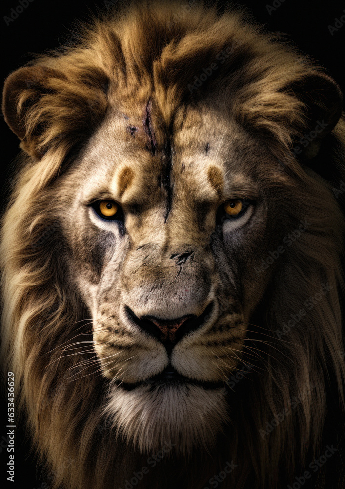 Animal photography of a wild lion in a dark backdrop conceptual for frame