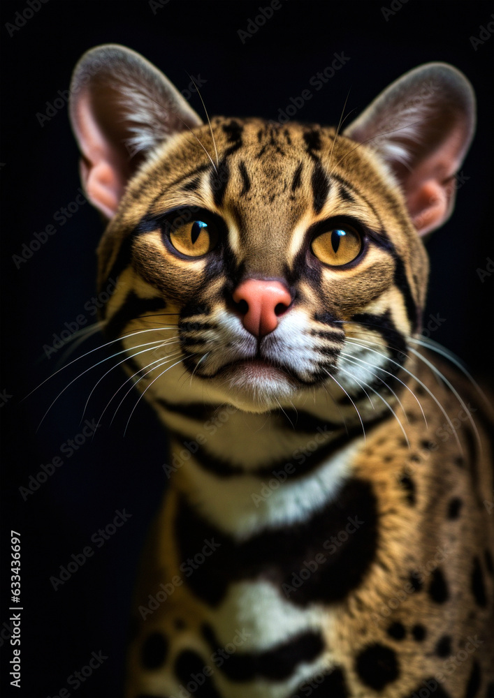 Obraz premium Animal portrait of a ocelot on a dark background conceptual for frame