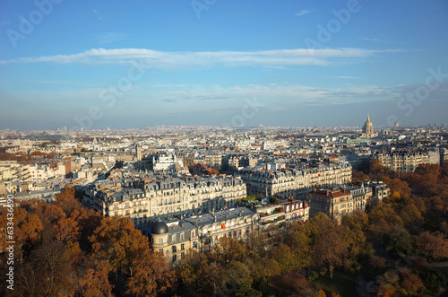 Paris cityscape panorama view from Eiffel Tower, Fall season sunny day blue sky unfiltered photo