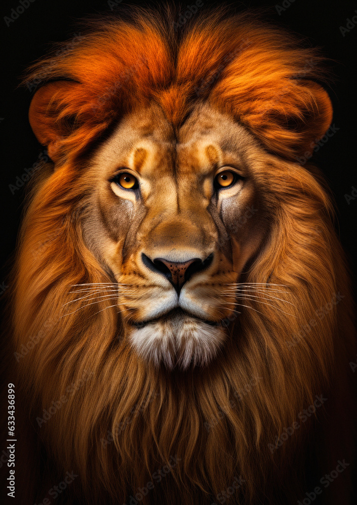 Animal portrait of an african lion on a dark background conceptual for frame
