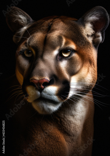 Animal portrait of a wild puma on a black background conceptual for frame.