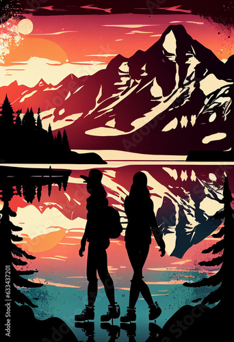 Silhouettes of two people skating on the lake among the mountains in the rays of sunset. AI generated