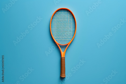 Vibrant Orange Tennis Racket Against a Blue Wall