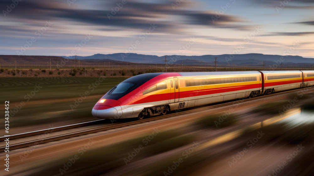 High speed train in motion on the railway. Modern intercity passenger train with motion blur effect. High speed train is popular and efficient mode of transportation in Spain