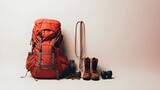 minimalist adventure hiking or camping gear, showcase, white studio background