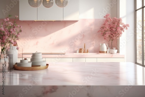 A white marble kitchen tabletop is featured in a beautiful pastel pink kitchen room. The tabletop is rendered in , creating a perfect space to display your product. The background is blurred