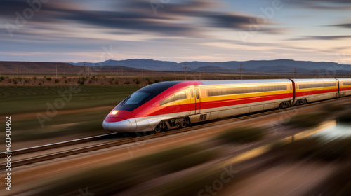 High speed train in motion on the railway. Modern intercity passenger train with motion blur effect. High speed train is popular and efficient mode of transportation in Spain © vejaa