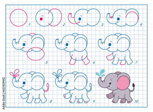 How to Draw Elephant, Step by Step Lesson for Kids cartoon vector illustration