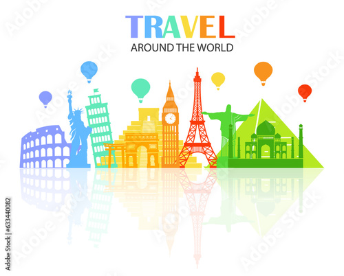 colorful icons travel around the world over white background. Important tourist attractions concept. vector illustration flat design.