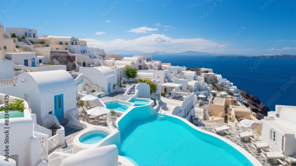 Photo of a breathtaking ocean view from the majestic cliffs of Santorini. White washed houses and luxurious swimming pools - created with Generative AI technology