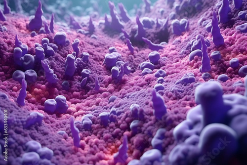 A dense bacterial colony with a textured surface, resembling a fuzzy carpet, and featuring a pale purple coloration. Generative AI technology. photo