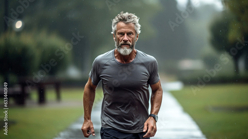 portrait of a person. senior man running in the park. autumn in rainy day background. 