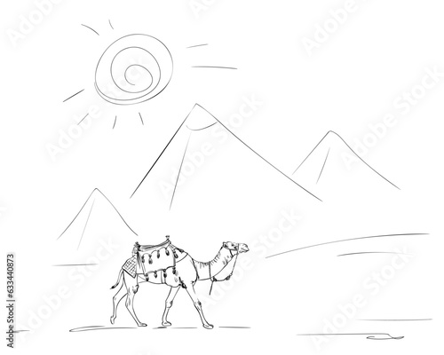 One camels walking in front of pyramids under hot sun line sketch, Egypt hand drawn illustration coloring page