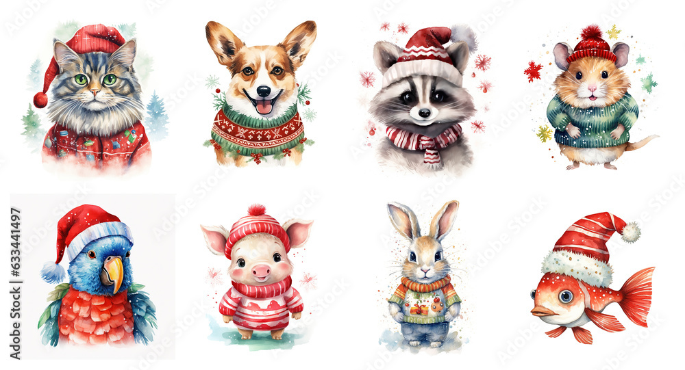 Generative AI, cute different animal pets in Christmas hats and ugly sweaters, watercolor style. Generative AI, cute different animal pets in Christmas hats and ugly sweaters, watercolor style.