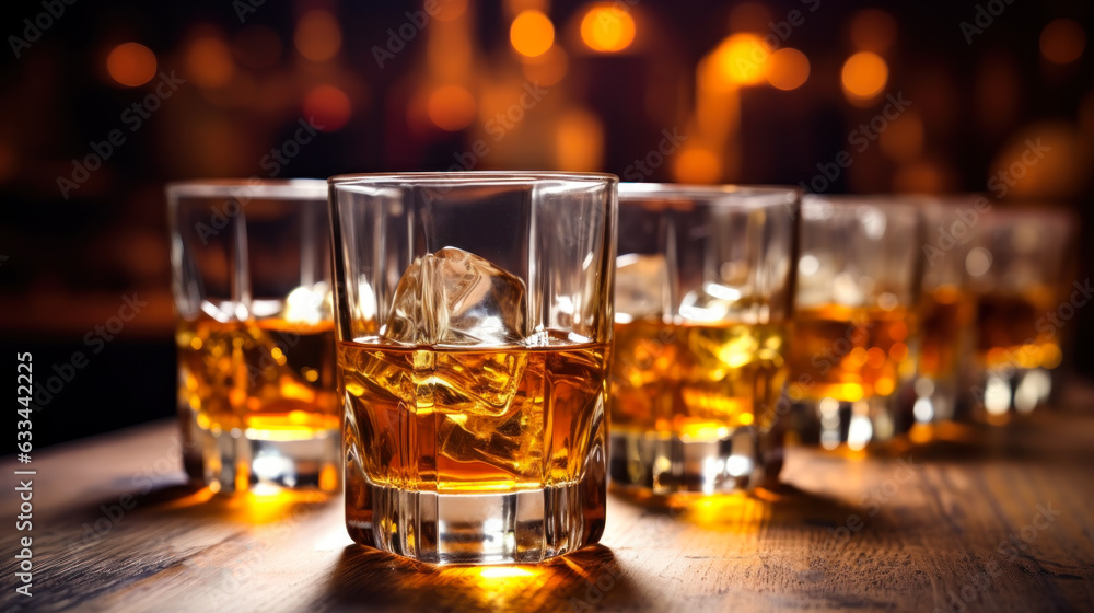 brown whiskey in glass with ice cube on the bar table generative ai brown whiskey in glass with ice cube on the bar table generative ai