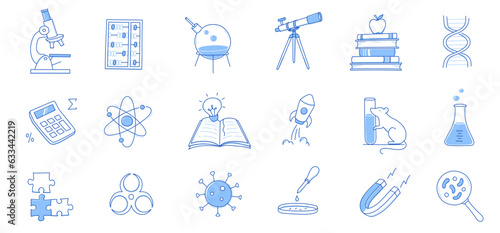 Laboratory doodle icon set. Hand drawn sketch line doodle style scientific education, chemistry laboratory, medicine experiment icon. Microscope, atom, magnet outline element. Vector illustration.