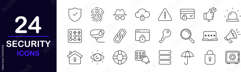 Security web icons set. Cyber security - simple thin line icons collection. Containing cyber lock, password, fingerprint, electronic key, unlock, data protection, cybersecurity. Simple web icons set