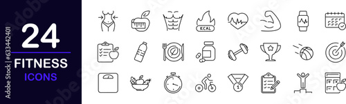 Fitness web icons set. Sport and fitness - simple thin line icons collection. Containing gym, healthy lifestyle, exercise, diet, weight training, body care, workout and more. Simple web icons set