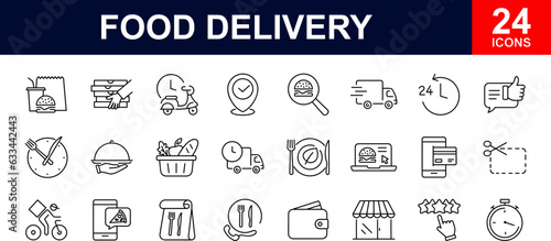Food delivery web icons set. Restaurant food delivery - simple thin line icons collection. Containing is food box, courier on bike, door contactless delivery, fast food, dinner. Simple web icons set