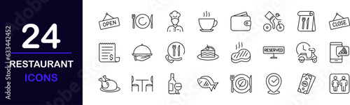 Restaurant web icons set. Food and drinks - simple thin line icons collection. Containing meal, restaurant, dishes, fruits and more. Simple web icons set