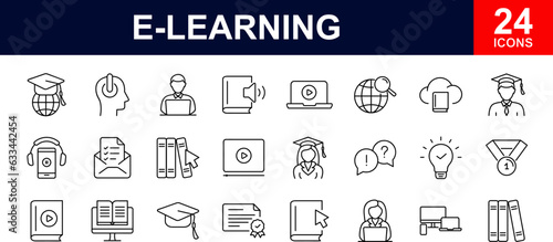E-learning web icons set. Online education - simple thin line icons collection. Containing video tuition, digital education, learning, online course, website, webinar and more. Simple web icons set
