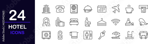 Hotel web icons set. Hotel and vacation - simple thin line icons collection. Containing hotel services, relax, travel, service, room, booking, facilities and more. Simple web icons set