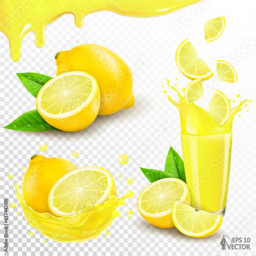 Vector set of ripe lemons. Pieces of sliced fruit falling into a glass of natural fresh juice, realistic splash. 3D isolated food illustration, package design element