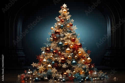 Original Christmas tree made of golden stars and balls